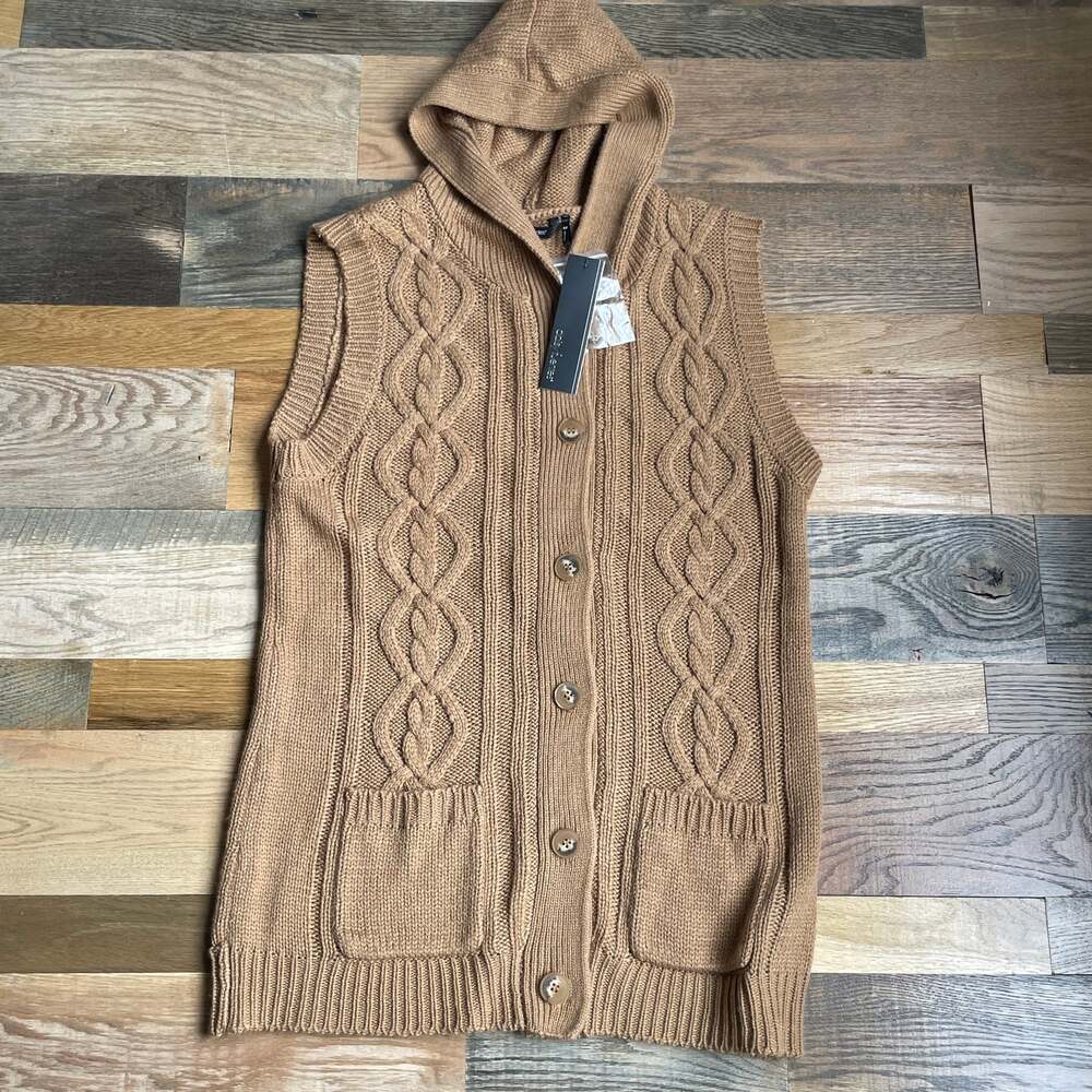 Daisy Fuentes Women's M Camel Cable Knit Hooded Sweater Vest Cardigan NWT